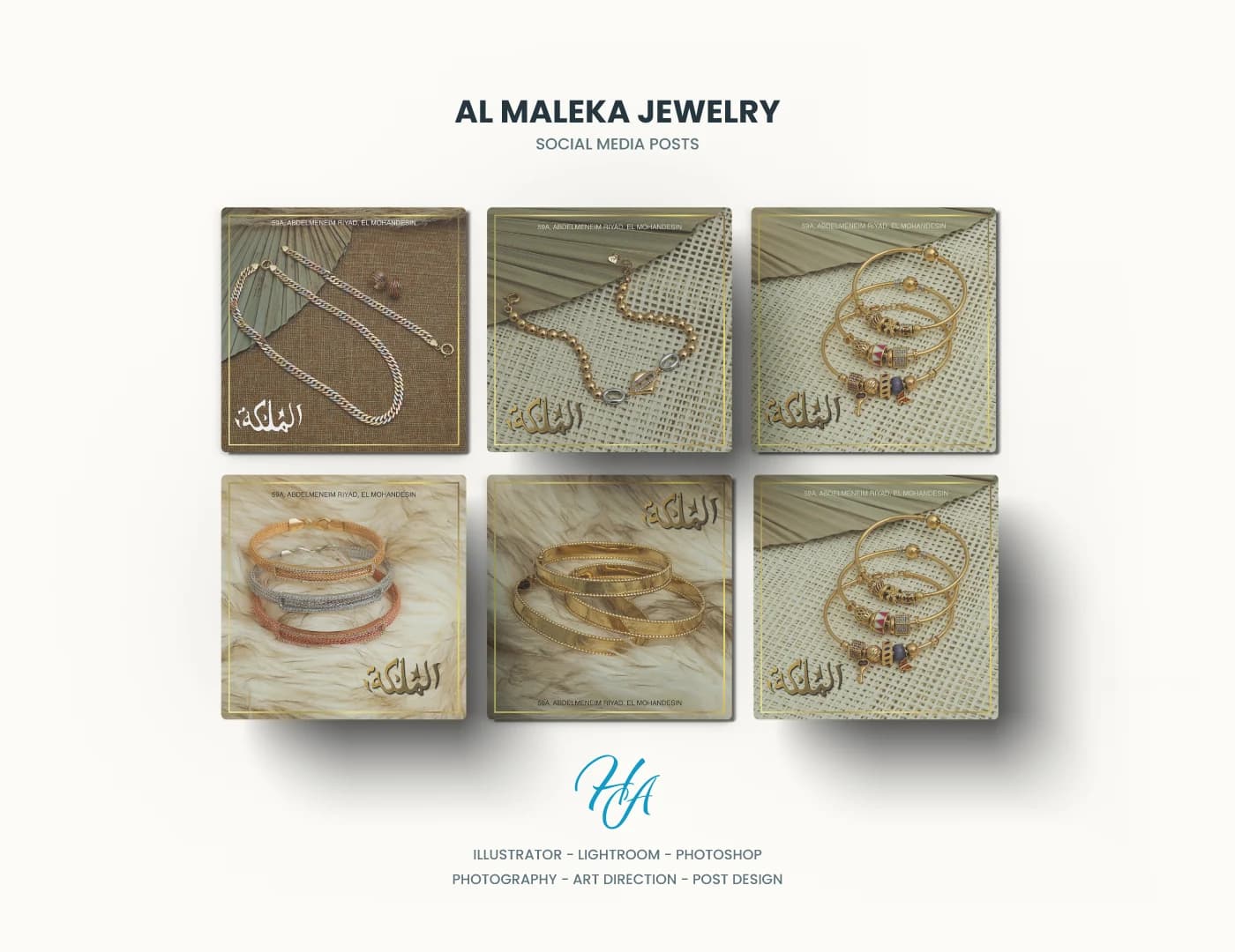 A selection of AL MALEKA Jewelry social posts using light product photography