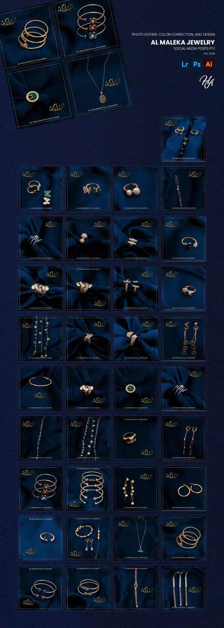 Long-form AL MALEKA Jewelry social media grid using deep navy fabric and gold product photography