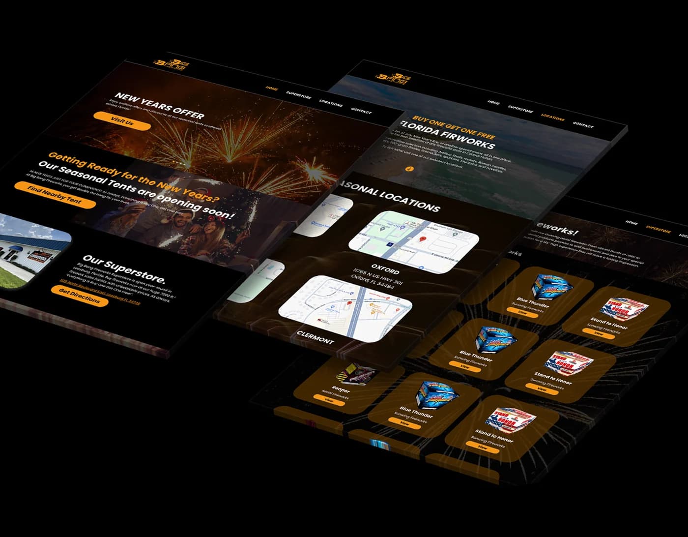 Big Bang Fireworks website page set showing homepage, locations and product catalogue screens